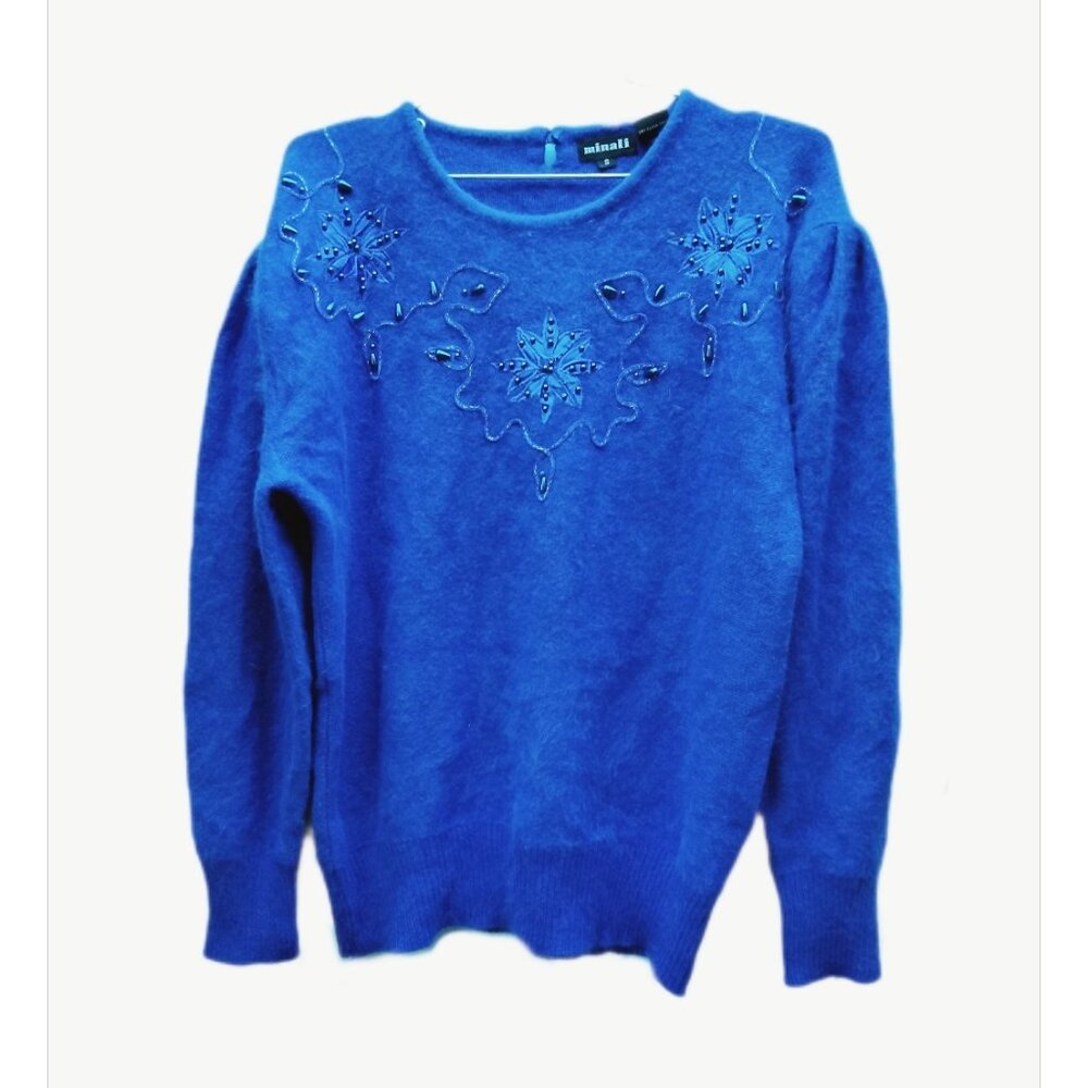 Vintage Beaded Fuzzy Angora Wool Knit Sweater Blue Pullover Festive Holiday Cozy